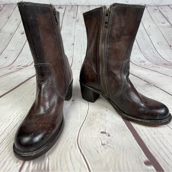 FRYE Sabrina brown leather block heel round toe campus mid boots, size 6.5 - Picture 6 of 15